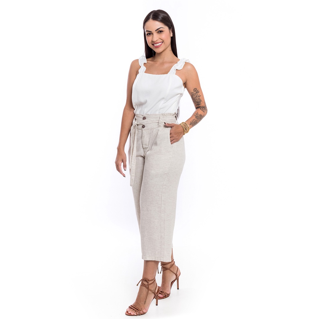 Calça Bermuda Pantacourt cintura alta com elástico viscolinho