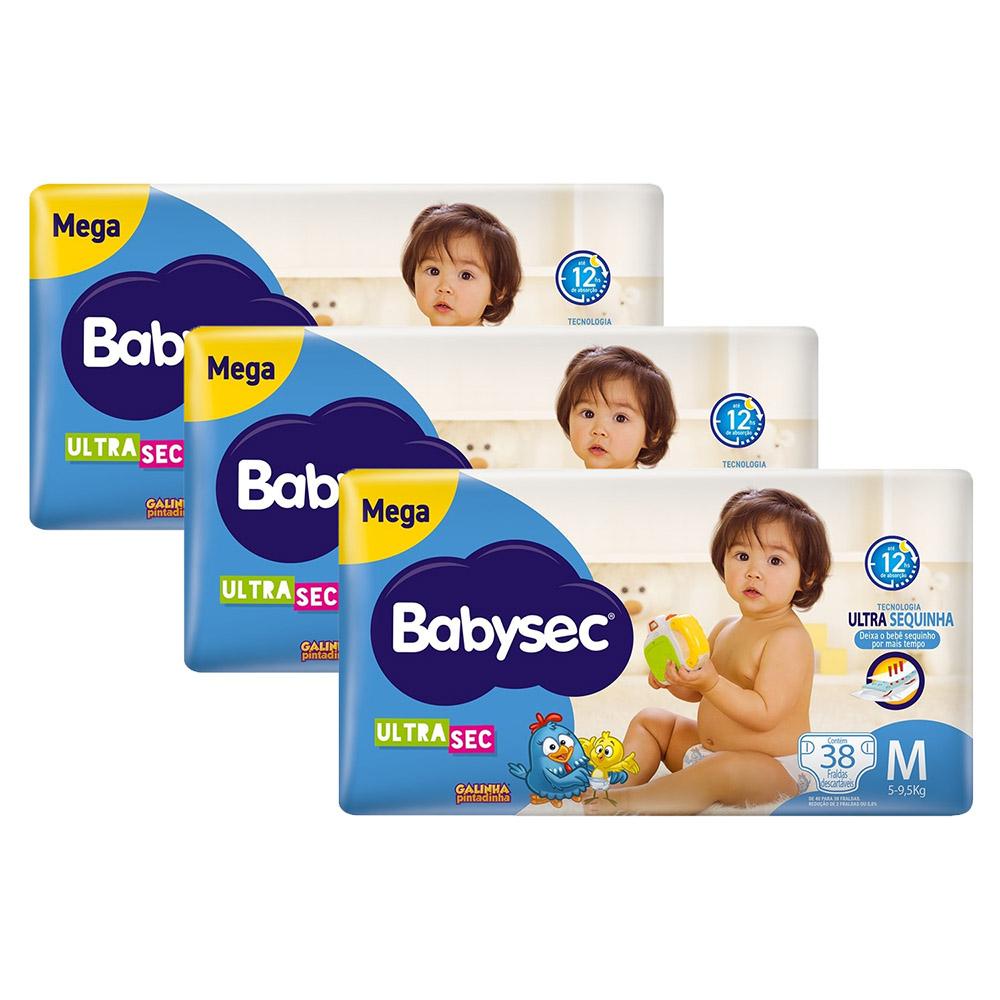 Kit 3 Fraldas Babysec Galinha Pintadinha Ultrasec Mega Tamanho M 38 unidades cada em Oferta na Shopee
