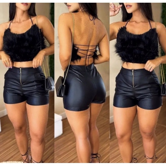 Short Feminino de Couro Cintura Alta Couro Fake Cirre Zíper Frontal Cintura Alta