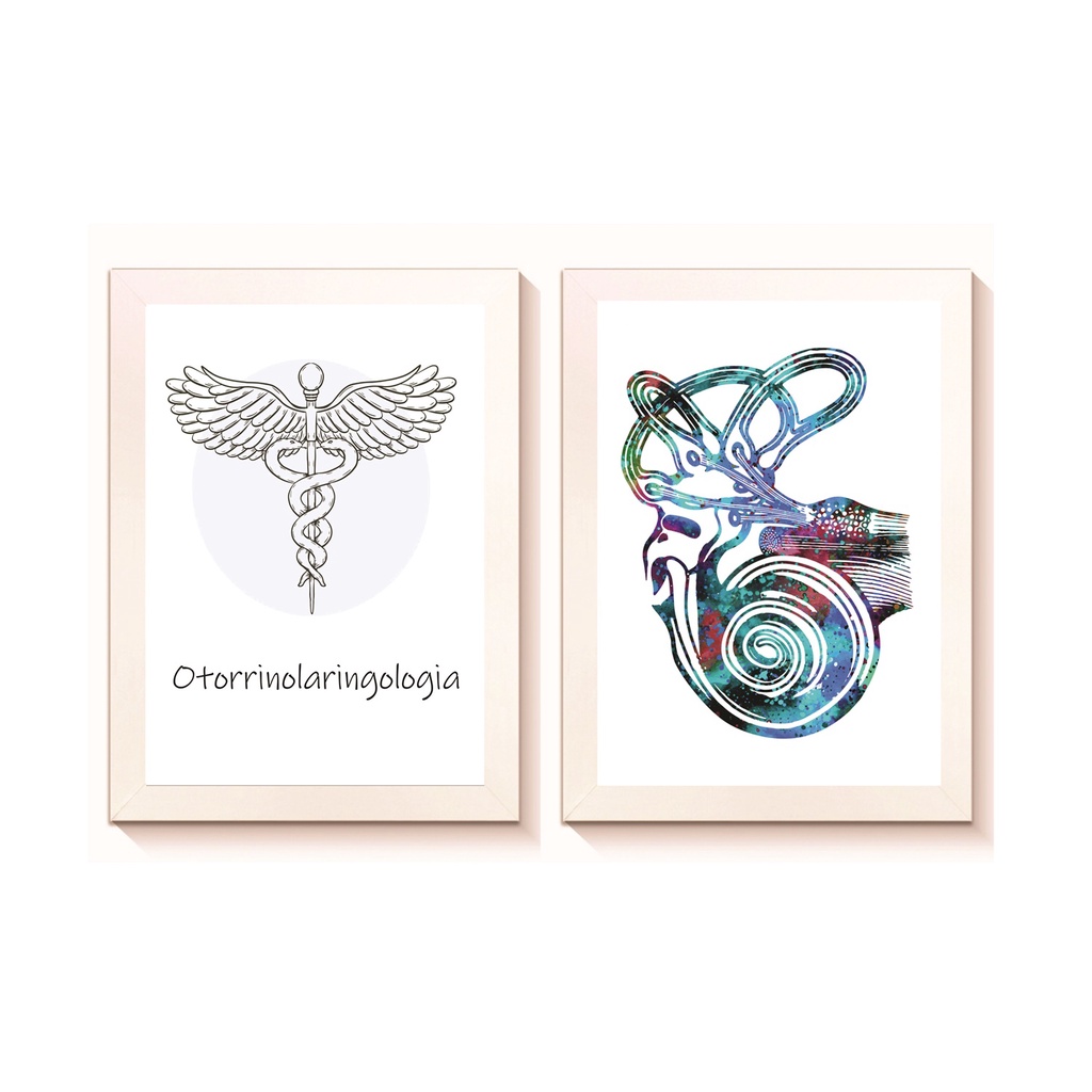 Kit 2 Quadros Decorativos Otorrinolaringologia Medicina Molduras 20x30cm Madeira Vidro Cor Brancas