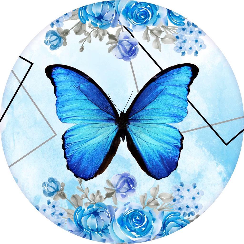 Painel em MDF 50x50 Redondo Personalizado:  Festas , Aniversários Borboleta azul com floral