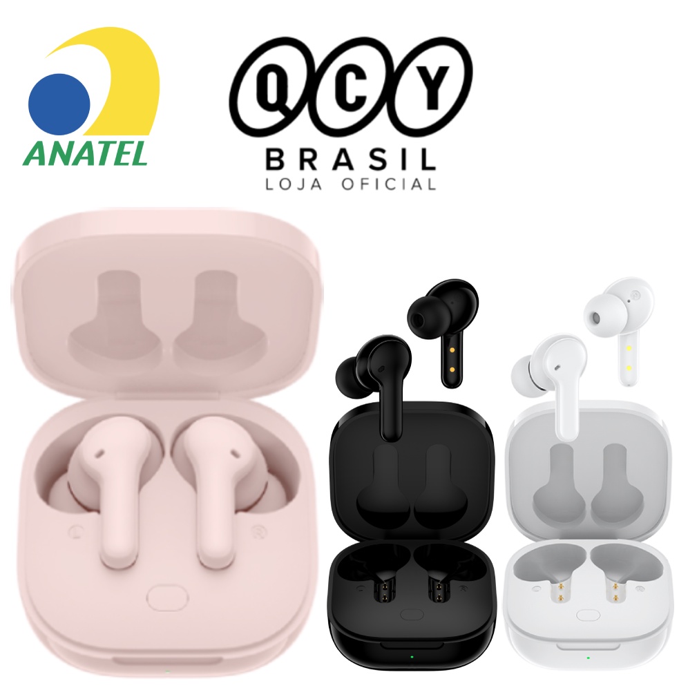 Fone QCY T13 com 4 Microfones, Cancelamento de Ruído Ativo e Bluetooth 5.1 - Preto, Branco e Rosa