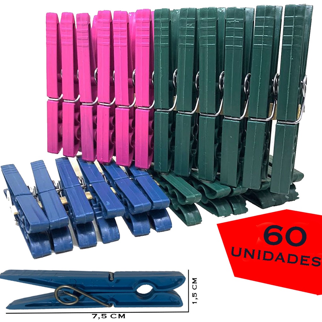 Prendedor Plástico Colorido Pregador Varal Kit 60 Unidades Diversas Cores