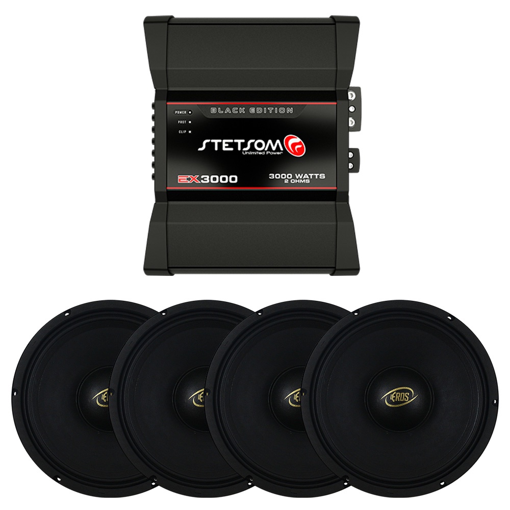 Kit Modulo Amplificador Stetsom 3000 Rms EX-3000 Black + 4 Woofer 10 Polegadas Eros 500w Rms E-510 LC 8 Ohms