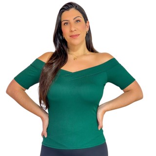 Blusa Canelada Canoa Blusinha Feminina Manga Curta Bojo Ombro