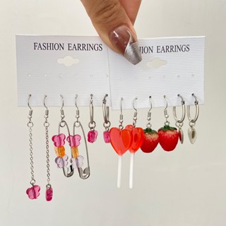 12pcs/Conjunto Coração Borboleta Morango Resina Brincos Para Mulheres Fofo Colorido Pino Multicolorido Brinco Joias Festa Presente