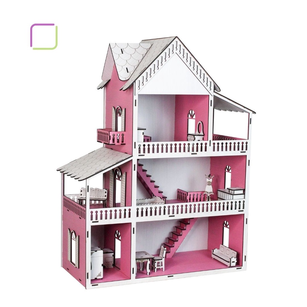 Casinha de Boneca Barbie Mdf Pintada Adesivada 53cm + 38 móveis brancos
