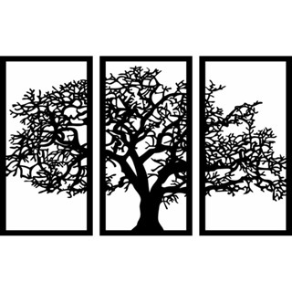 Quadro Vazado Decorativo Árvore Da Vida com 3 Peças + Palavras Vida e Amor em Cor Preto