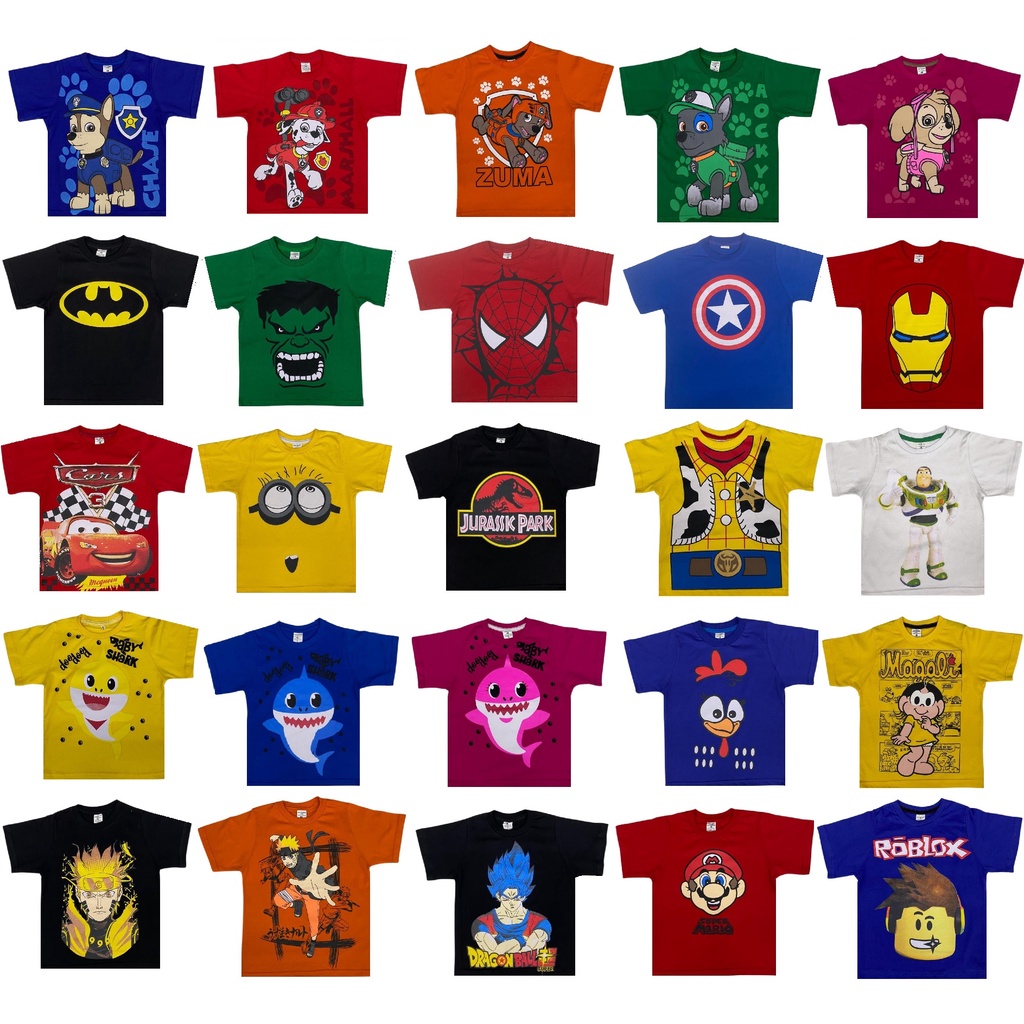 Camiseta Infantil Fantasia Personagens Meninos Meninas Naruto Hulk Homem Aranha Bolofofos Marwel Thor Baby Shark Patrulha Canina Sonic