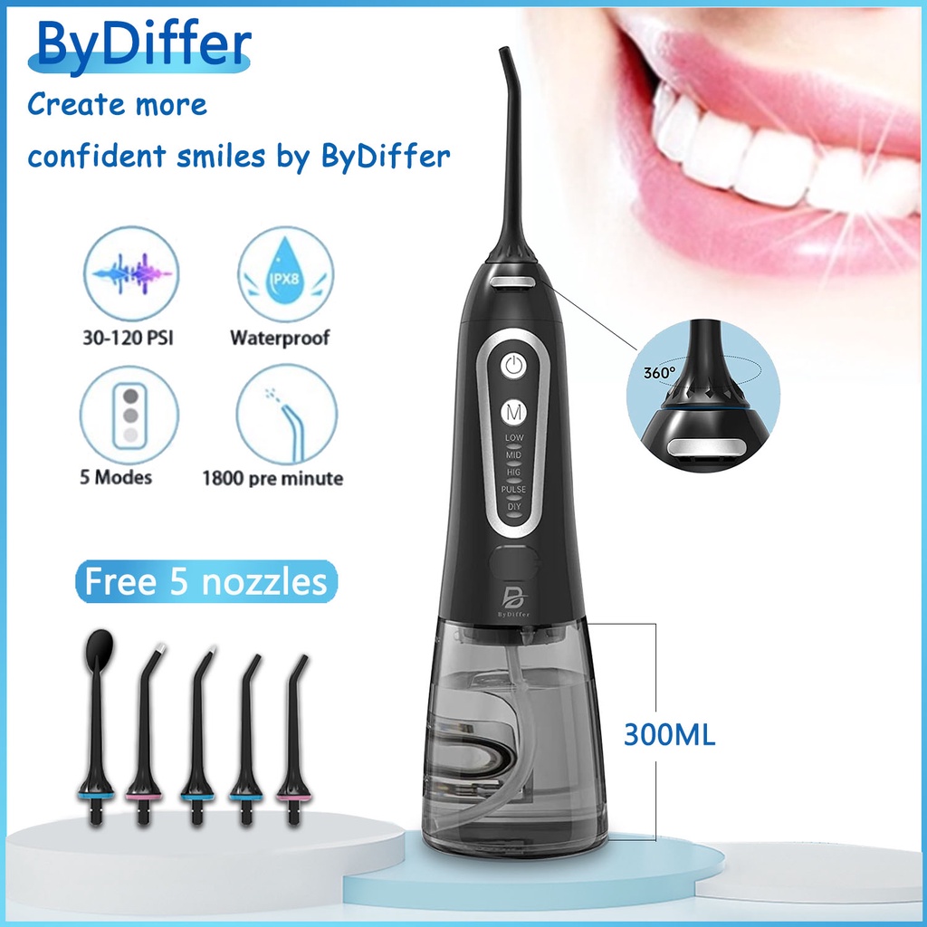 ByDiffer irrigador oral Portátil jato forte limpeza oral Com 5 Modos DIY E Dicas limpador de dentes Para família ou viagem