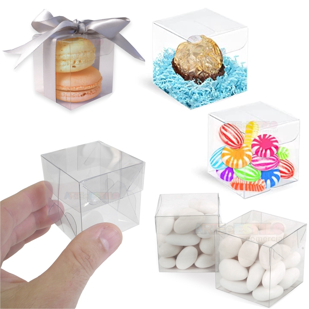 50 Caixinhas Transparente 5x5x5 cm para 2 Macaron, Caixa Acetato Brigadeiro Gourmet, Lembrancinha