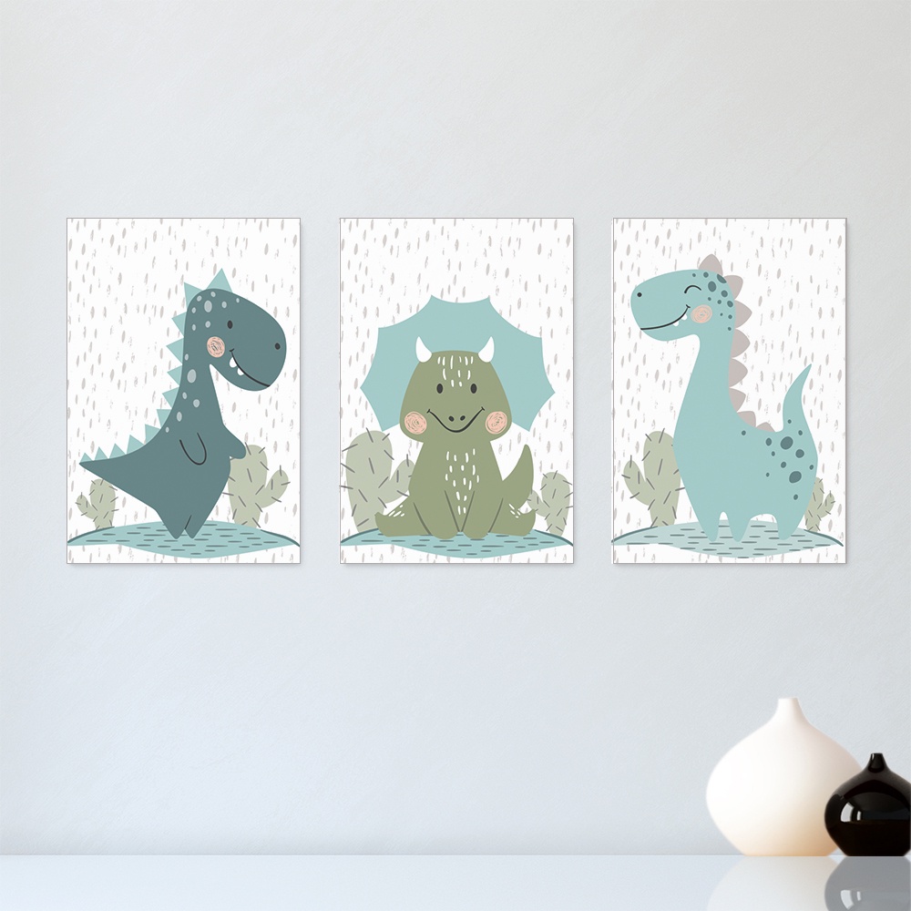 Kit 3 Quadros Decorativos Placas Dinossauros Dino Infantil Bebe Quarto Menino Menina - 0134ktpl