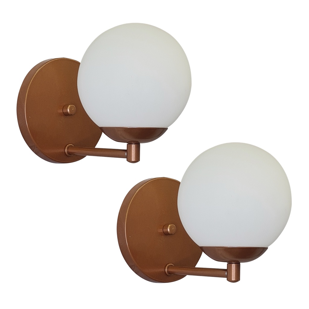Kit 2 Arandela esfera vidro fosco leitoso cobre com Interruptor + lâmpada  lustre parede cabeceiras quartos  lavabos