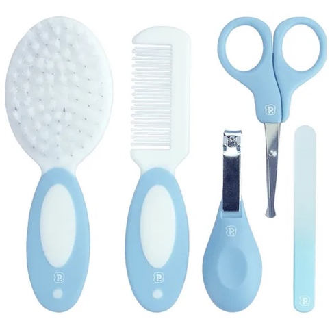Kit Higiene Bebê 5 peças azul Cortador de unha, Tesoura, Lixa, pente e escova pimpolho