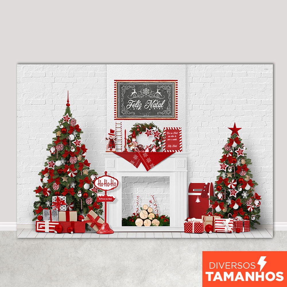 Fundo Fotográfico Painel de Natal Pinheiros Lareira Em Tecido Sublimado - FNT-752