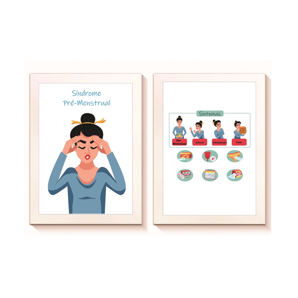 Kit 2 Quadros Decorativos Tensão Pré-Menstrual TPM Ginecologia Medicina Molduras 20x30cm Madeira Vidro Cor Brancas