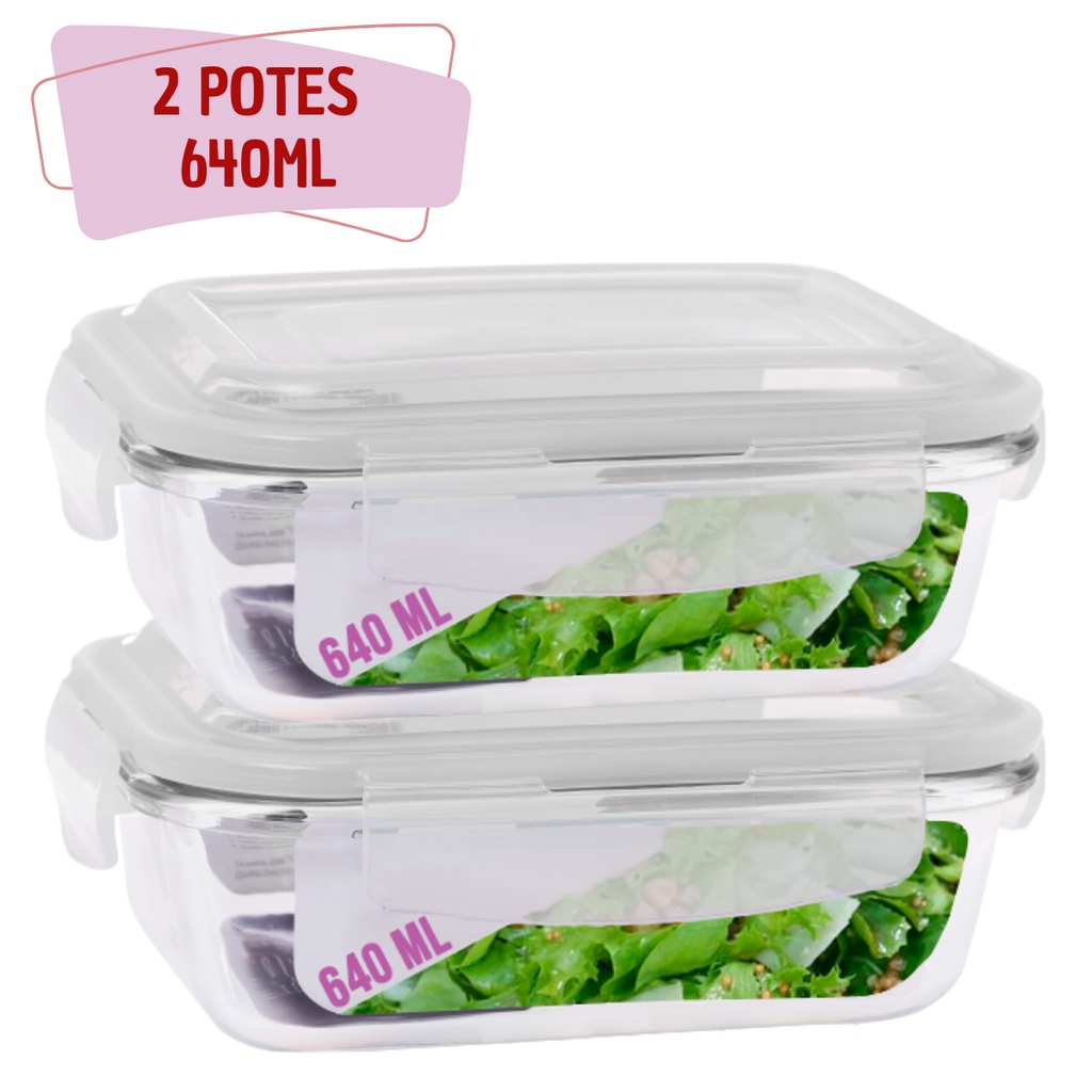 Kit 2 Potes Tampa Hermetica 4 Travas Retangular Vidro 640ml | Shopee Brasil