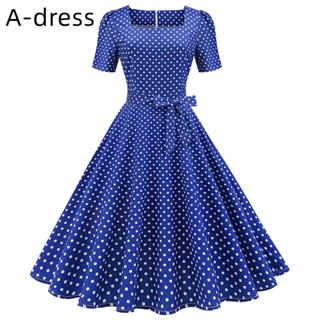 Polka Dot Vintage Vestido De Manga Curta Pescoço Quadrado Comprimento Do Joelho Festa Casual Vestidos Femininos