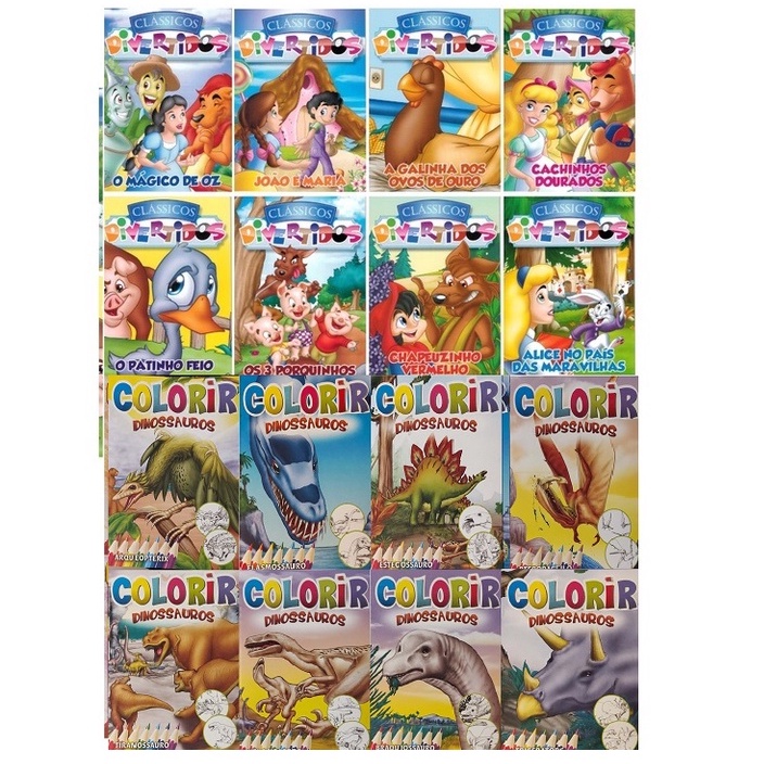 Kit C/ 16 Livrinhos Clássicos Divertidos + Colorir Dinossauros - 8 Histórias E 8 Colorir