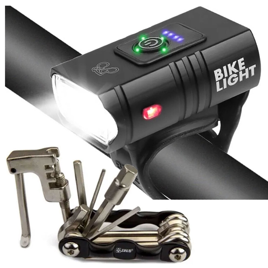 Lanterna Farol Bike Bicicleta Usb Recarregável Led Luzes Com Visor + Chave Extrator Saca Colocar Pino Corrente Canivete