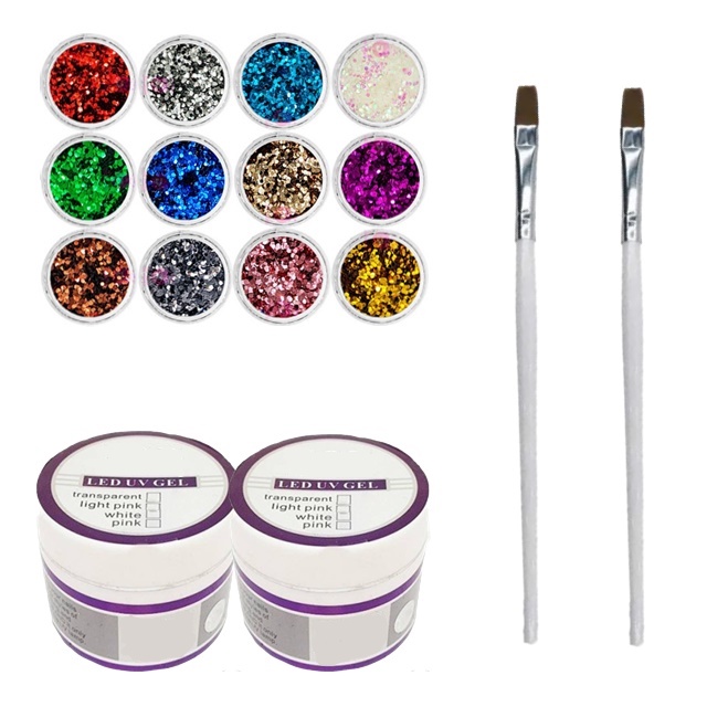 Kit Para Decoração Unha Gel Glitter Flocado Alongamentos Unhas Manicures 2 Géis 2 Pincéis 12 Glitters Flocados