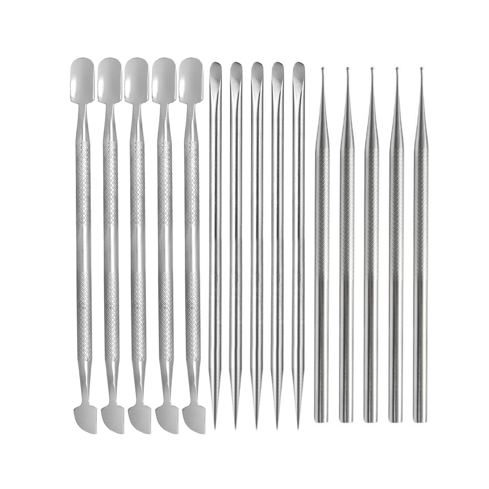 Kit Cutelaria Manicure Profissional 5 Espátula Dupla + 5 Palito Chanfrado + 5 Boleador Inox