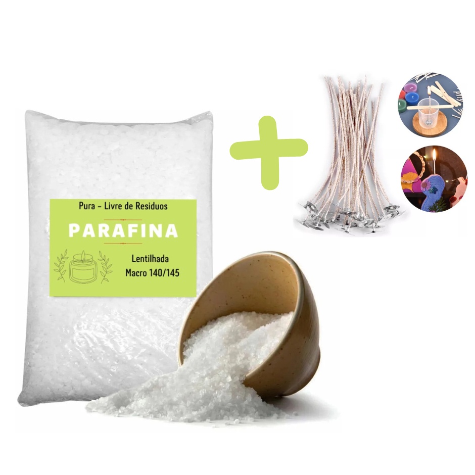 Kit Parafina Lentilhada Pura 1kg + 20 pavios 18cm