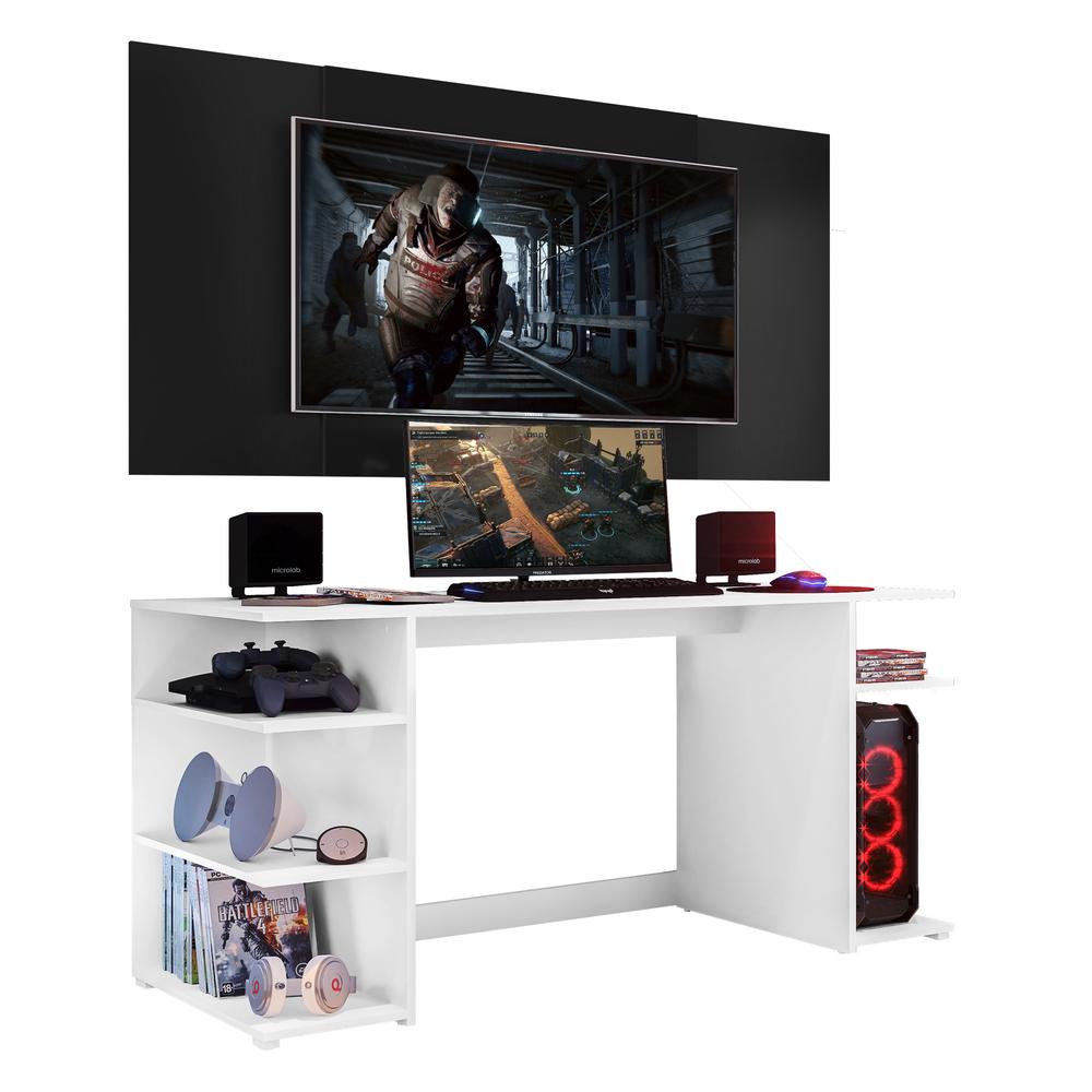 Mesa Gamer com Painel e Suporte TV 65" Guilda Multimóveis Branco/Preto