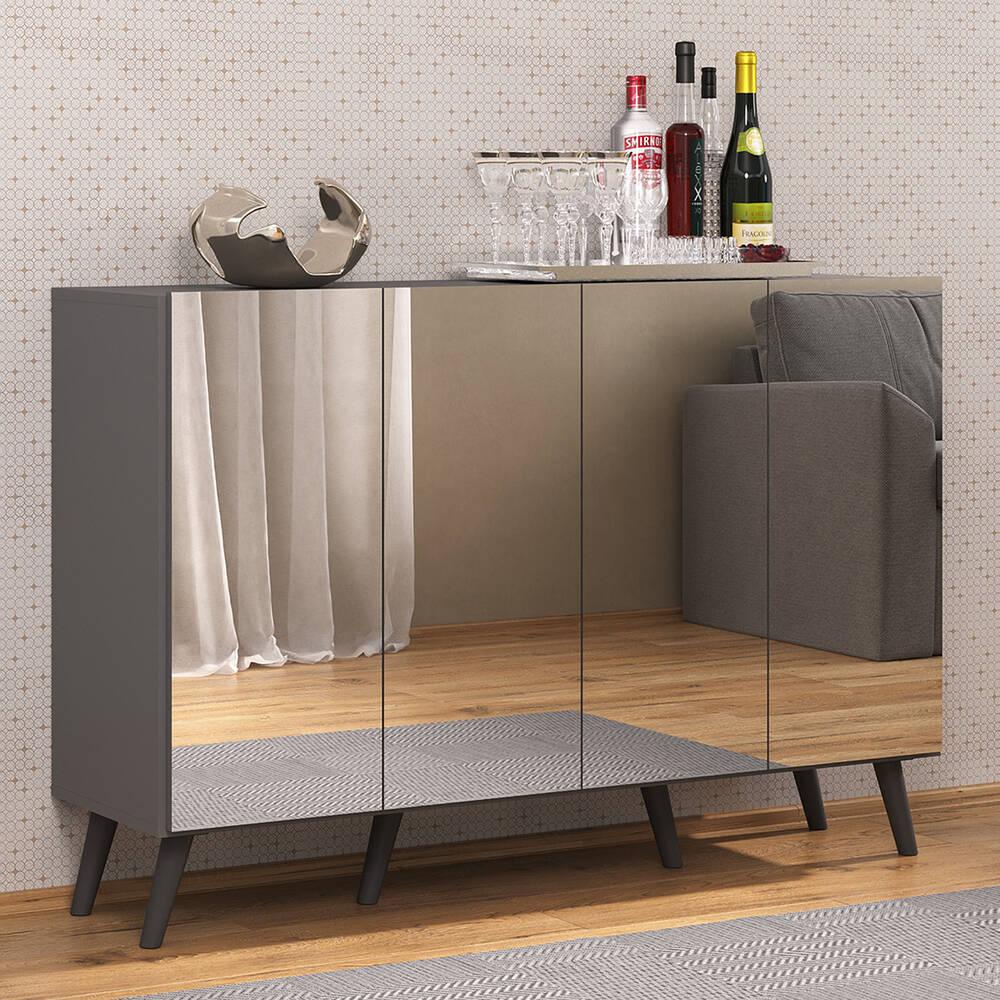 Aparador Buffet 4 portas com Espelho e Pés Retrô Vegas Multimóveis Grafite/Preto em Oferta na Shopee