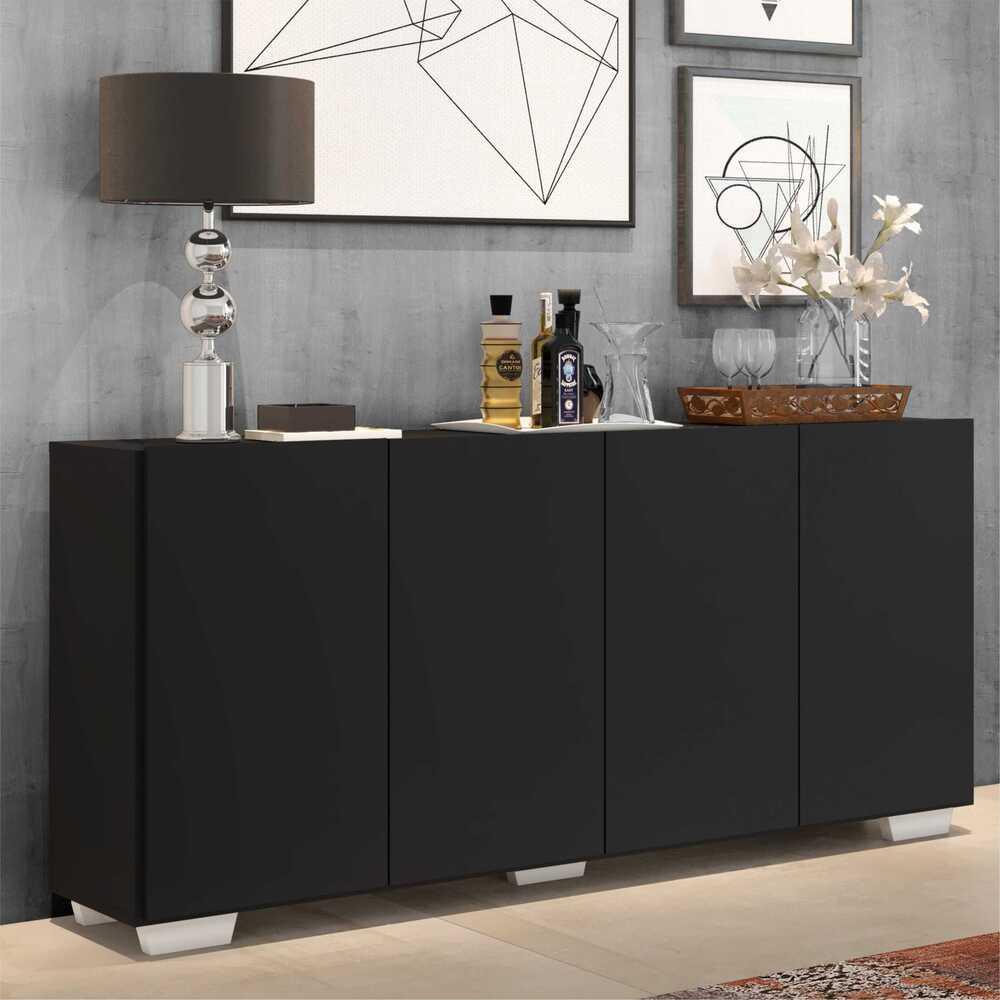 Aparador Buffet 4 Portas c/ Pés Quadrados Veneza Multimóveis Preto/Branco em Oferta na Shopee