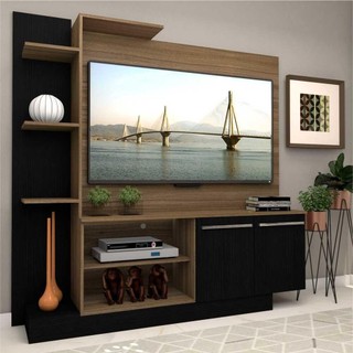 Estante com painel para TV até 55 polegadas e 2 portas Porto Multimóveis Madeirado/Preto em Oferta na Shopee