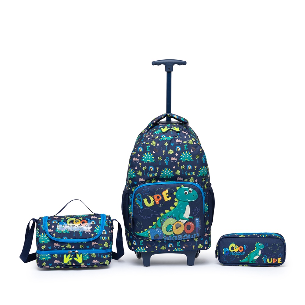 Kit de Mochila Escolar Menino de Rodinha Dino Infantil Estojo Lancheira