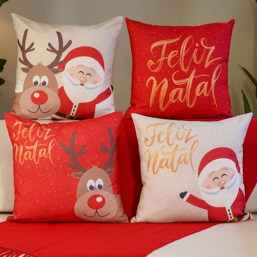 Kit com 4 Capas para Almofadas Decorativas Natal Feliz Natal 45x45 Tradicional