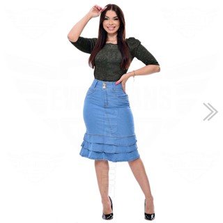 Saia Midi Jeans com 3 Babados Moda Evangélica - EWF - Azul Claro