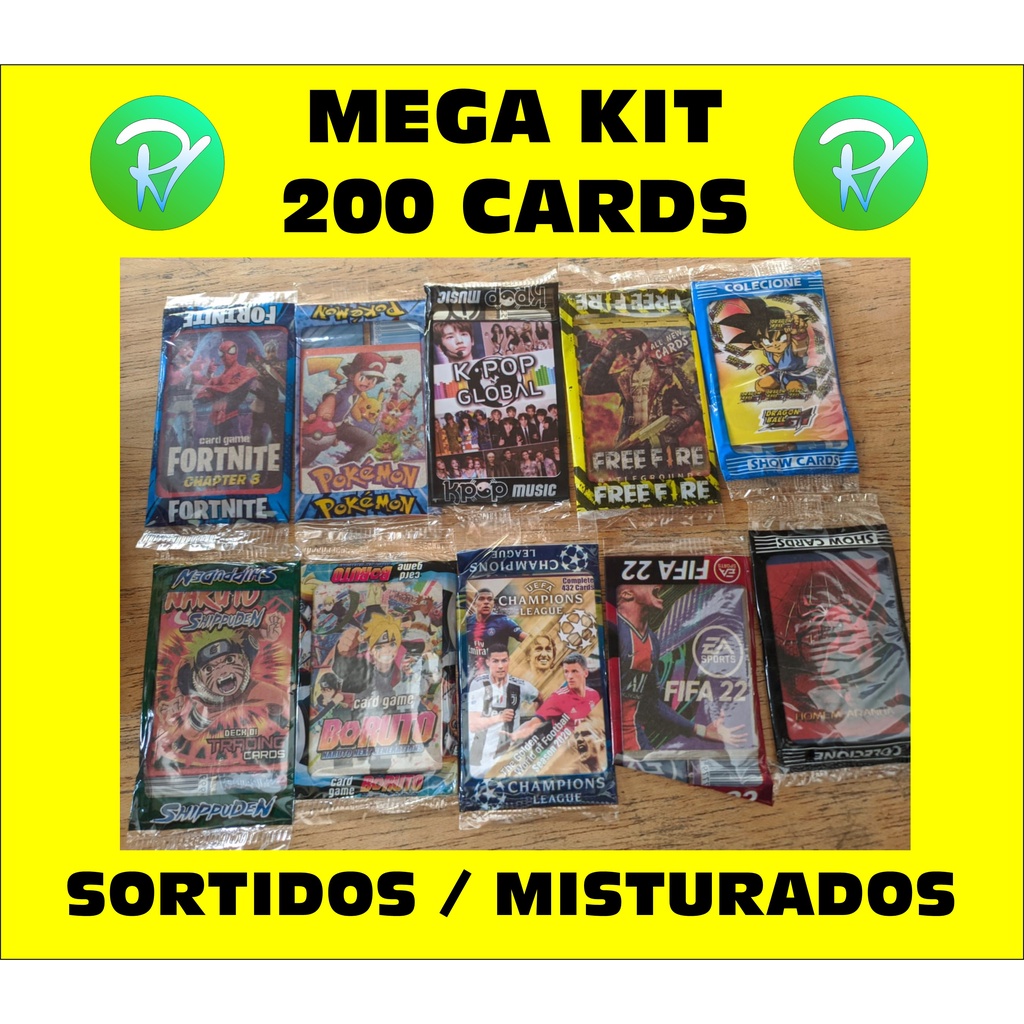 MEGA KIT 200 CARDS Misturados - 50 pacotes - Naruto, Free Fire, Boruto, Fortnite, Chaves, Dragon Ball, Homem Aranha