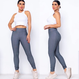 Calça Legging Cotton Imita Jeans Com Bolso Cos Alto confortável costura reforçada