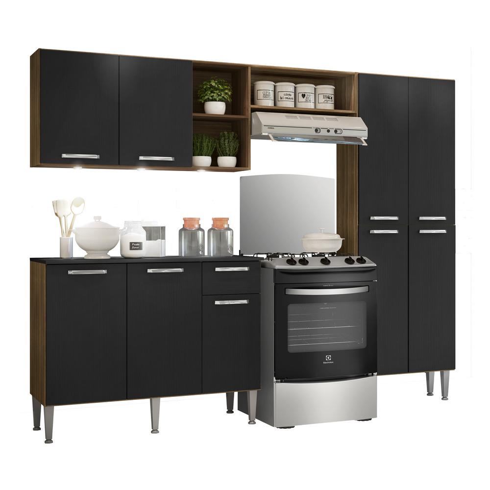 Cozinha Completa Compacta c/ 3 Leds, Armário e Balcão c/ Tampo 3 pç Pequim Multimóveis Madeirado/Pto - Home & Living