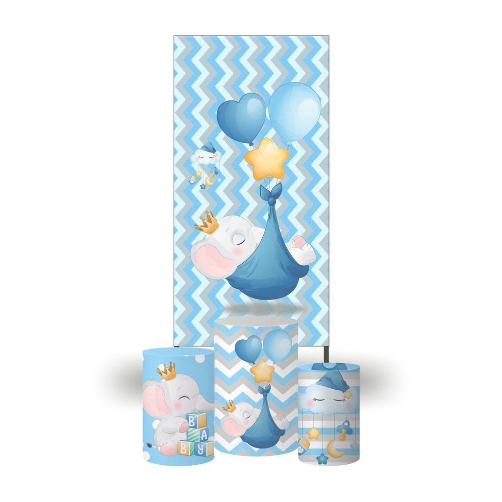 Painel Casadinho Lateral Sublimado Tecido + Trio Cilindro Elefantinho Cute Festa Decoração Menino
