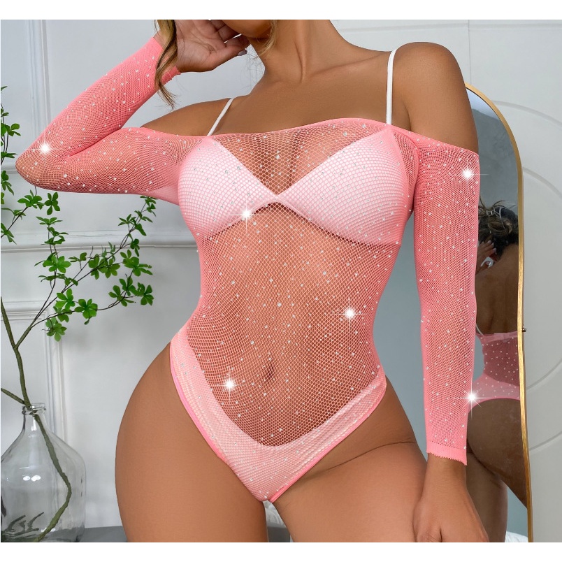 Europeu Americano Sexy Lingerie Roupa De Rede De Manga Longa Feminina Off Shoulder Bodysuit