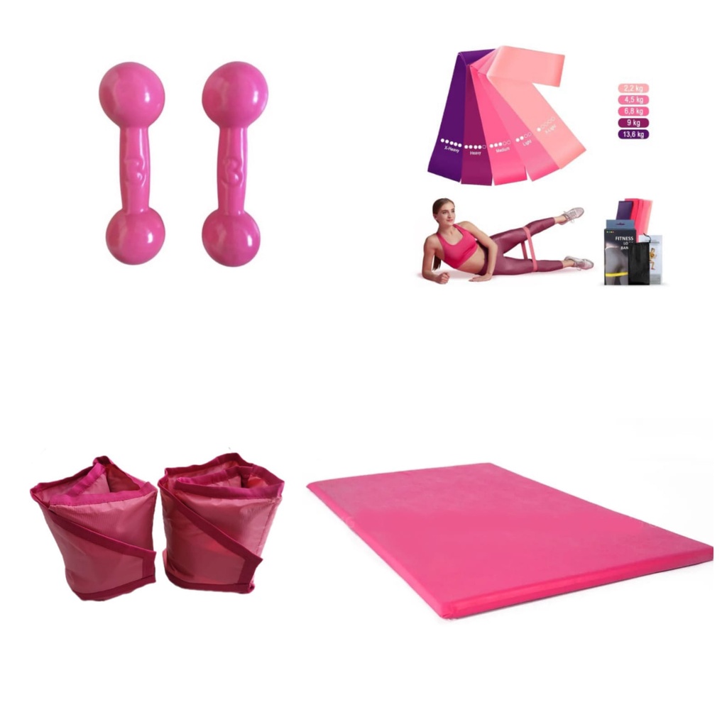 Halter Emborrachado 3 kg + Caneleira 3 kg + Colchonete  (90x40x3) + kit Theraband