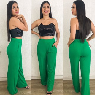 Calça Feminina Pantalona cós alto elástico com bolsos malha visco lycra