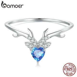 Bamoer 925 Prata Simples Zircônia Azul Anel Antler Para Jóias De Moda De Casal