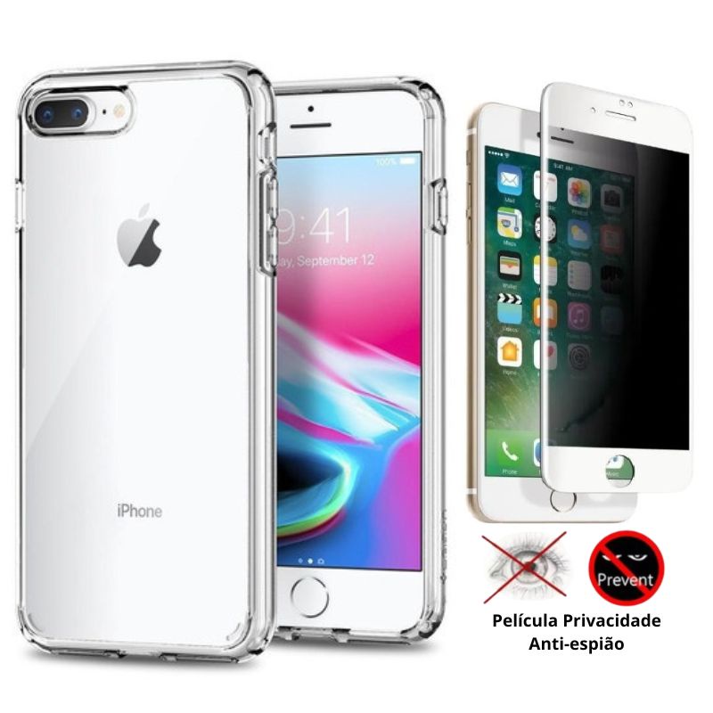 Kit 2em1 Compativel Com iPhone 7 Plus / iPhone 8 Plus - Capa Capinha Clear Space + Pelicula de Vidro 3D Full Cover Privacidade Anti-Espiao