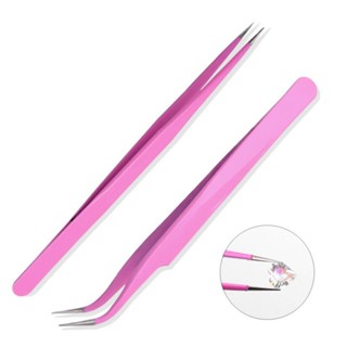 2pçs Aço Inoxidável Rosa Reto + Pinça Curva Para Extensões De Cílios Arte De Unhas Decoração De Strass