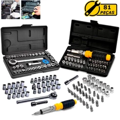 Kit Jogo Ferramentas 81 Peças Chave Catraca Reversível Soquetes Canhão Bits Aço Cromado Resistente