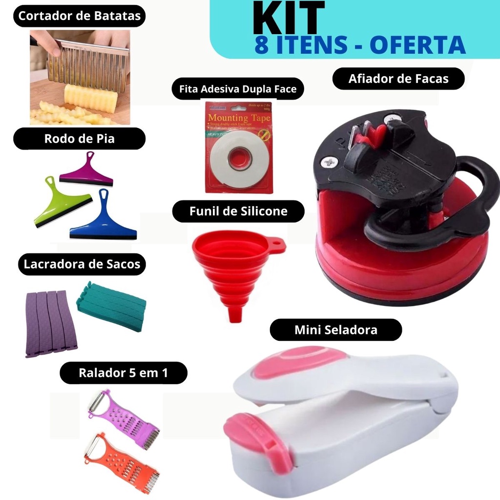 Kit 8 Produtos Inclui Mini Seladora, Afiador de Facas, Ralador, Rodo Pia Outros