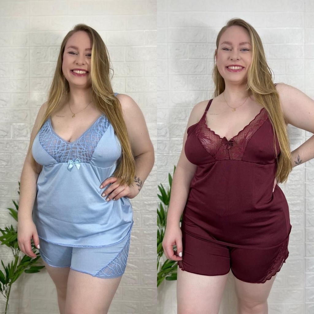 Kit 02 Pijamas Baby Doll Plus Size com Renda Confortável Linha Noite. em Oferta na Shopee