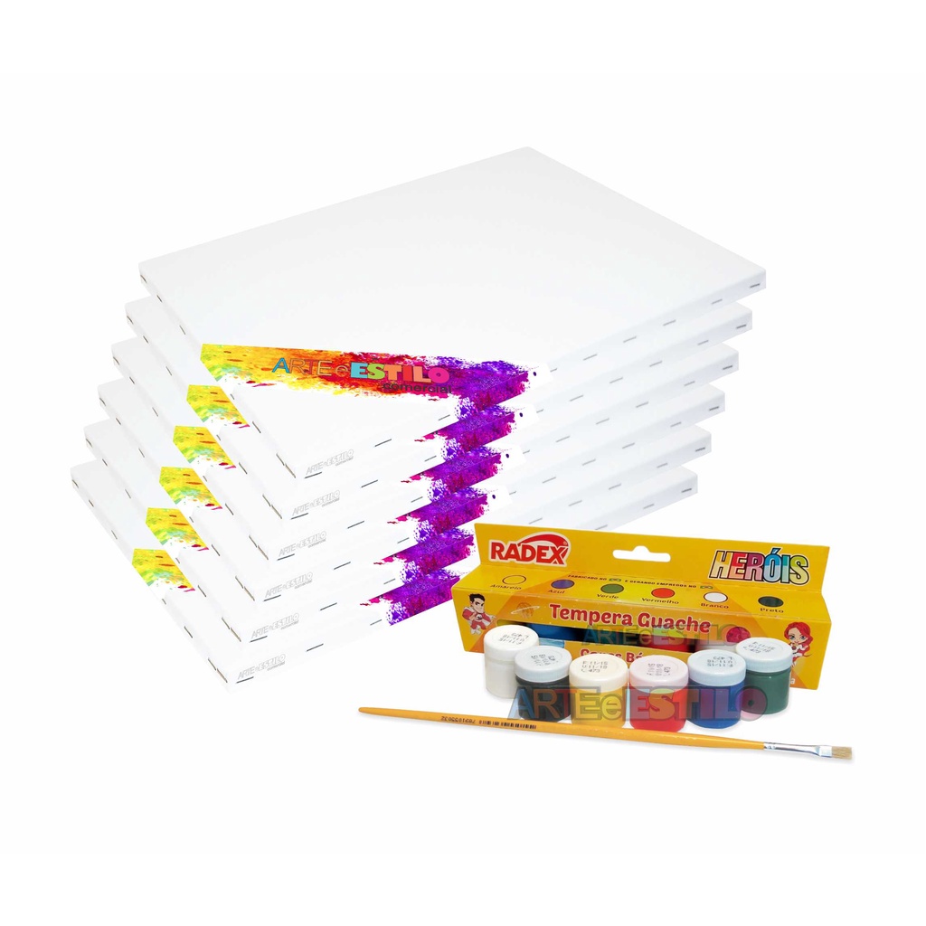 Kit 10 Telas Pintura 20x30 + 1 Mini Cavalete + 06 Potes Tintas + 1 Pincel Kit de pinturta iniciante — imagem 2 de 2