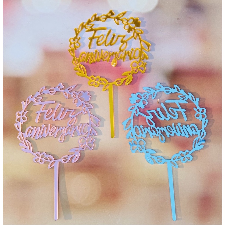 Topo de Bolo Metalizado Feliz Aniversário Festa e Comemorações ouro rosa ou prata// em Oferta na Shopee