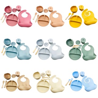 Conjunto 5/6Pcs Kits De Silicone Para Louça De Mesa Bebês Sucção Tigela De Alimentação Sem Escorregamento Colheres De Prato Dividido Copo De Palha Treinamento BPA Free